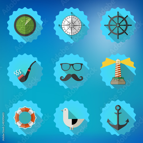 Navy Sailor Marine Flat Vector Icon Set. Include fish sonar rada