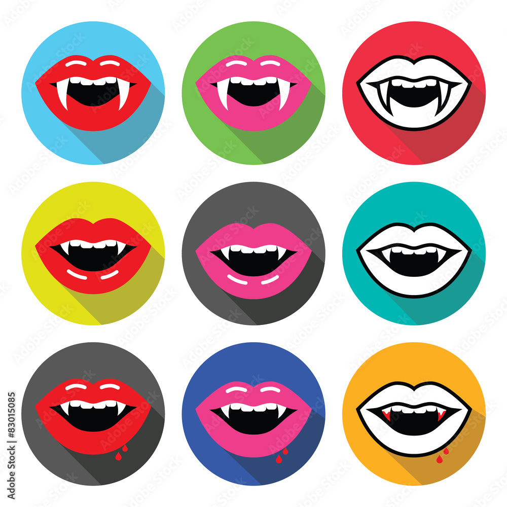 Fototapeta premium Vampire mouth, vampire teeth vector flat design icons set 