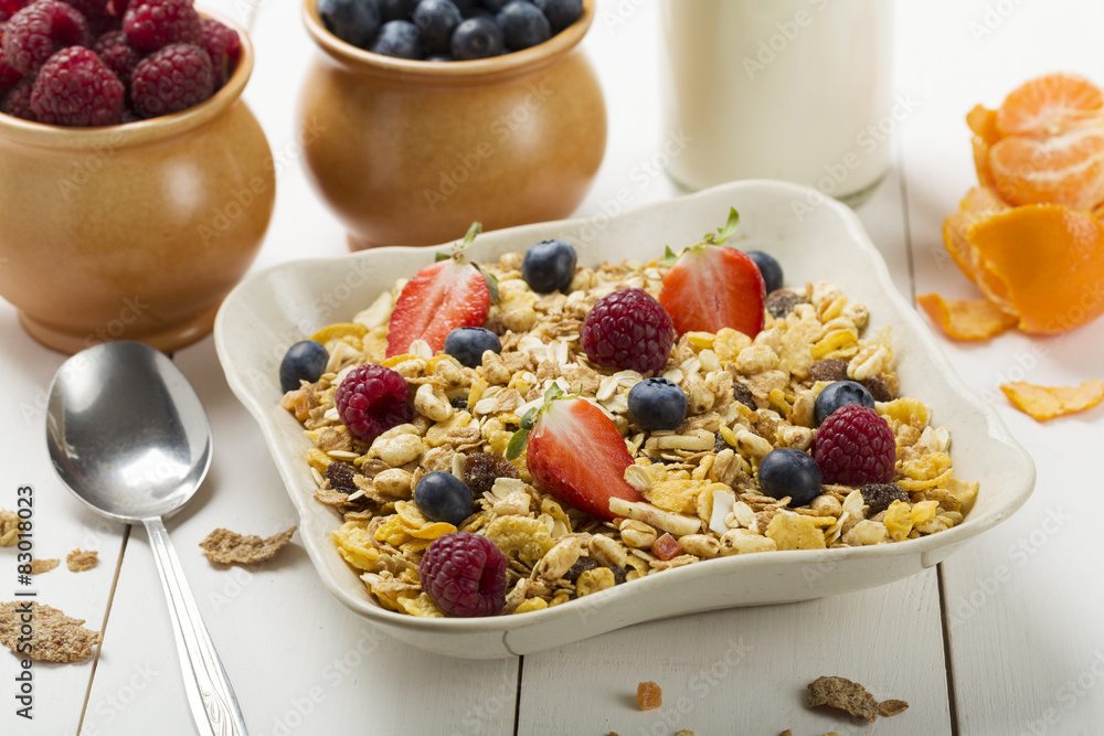 Light, delicious breakfast with cereal and fruit. Light, delicious breakfast with cereal and fruit.