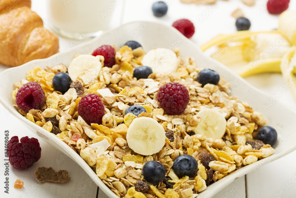 Light, delicious breakfast with cereal and fruit. Light, delicious breakfast with cereal and fruit.