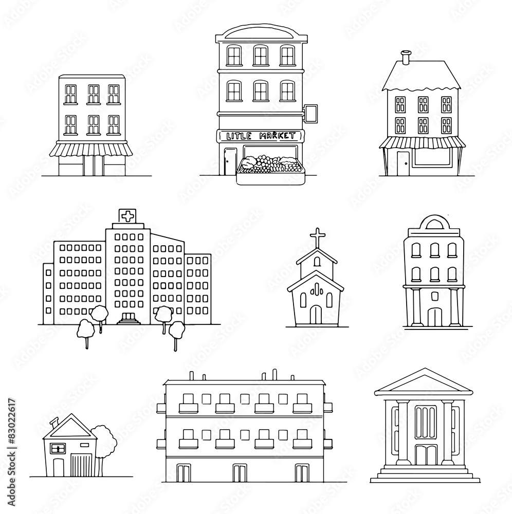 Hand drawn Urban city set of various buildings