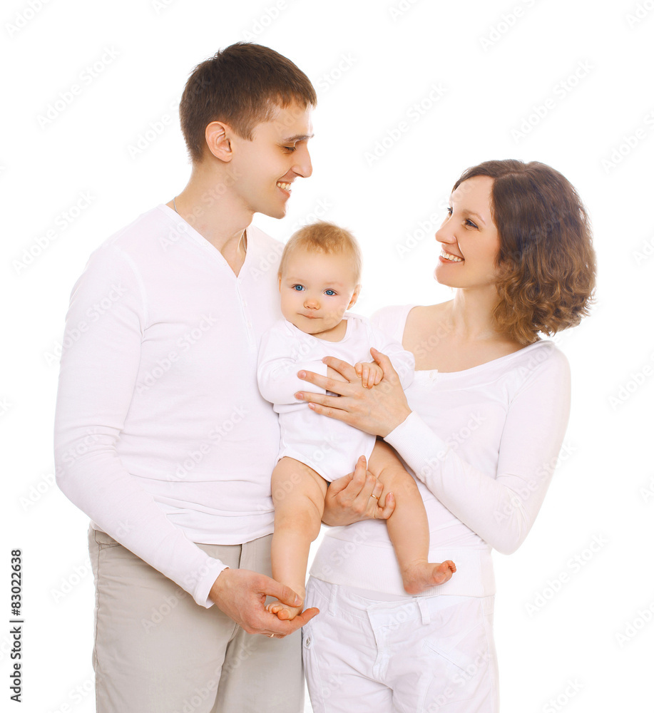 Portrait of happy young family having fun together on a white ba Portrait of happy young family having fun together on a white ba