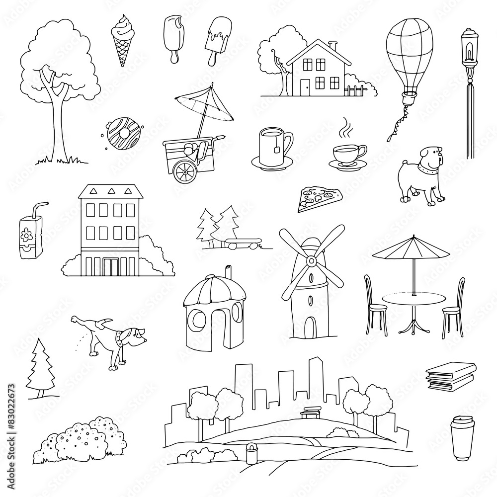 Hand drawn Urban city set of various items and locations