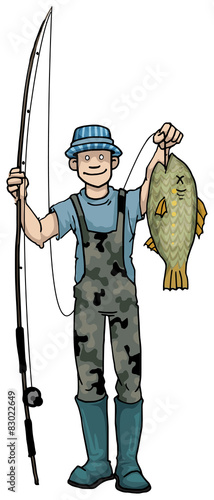 Concept cheerful fisherman holds fishing rod