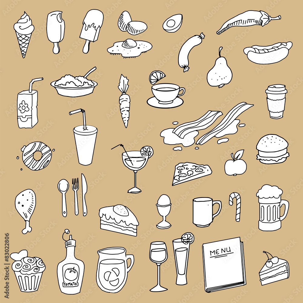 Set of hand drawn food, kitchen related items