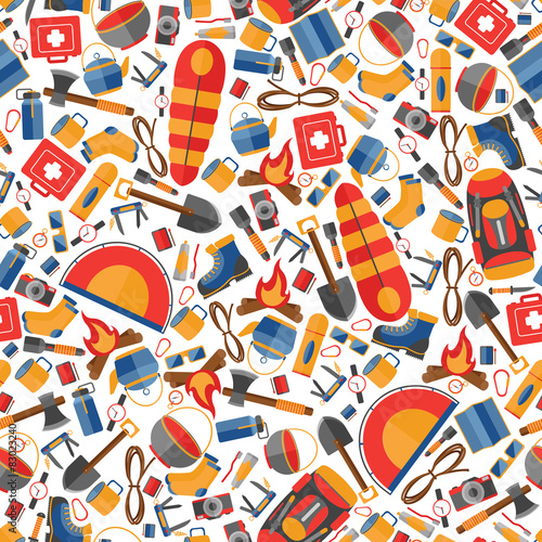 Seamless vector pattern of flat camping and hiking equipment. 