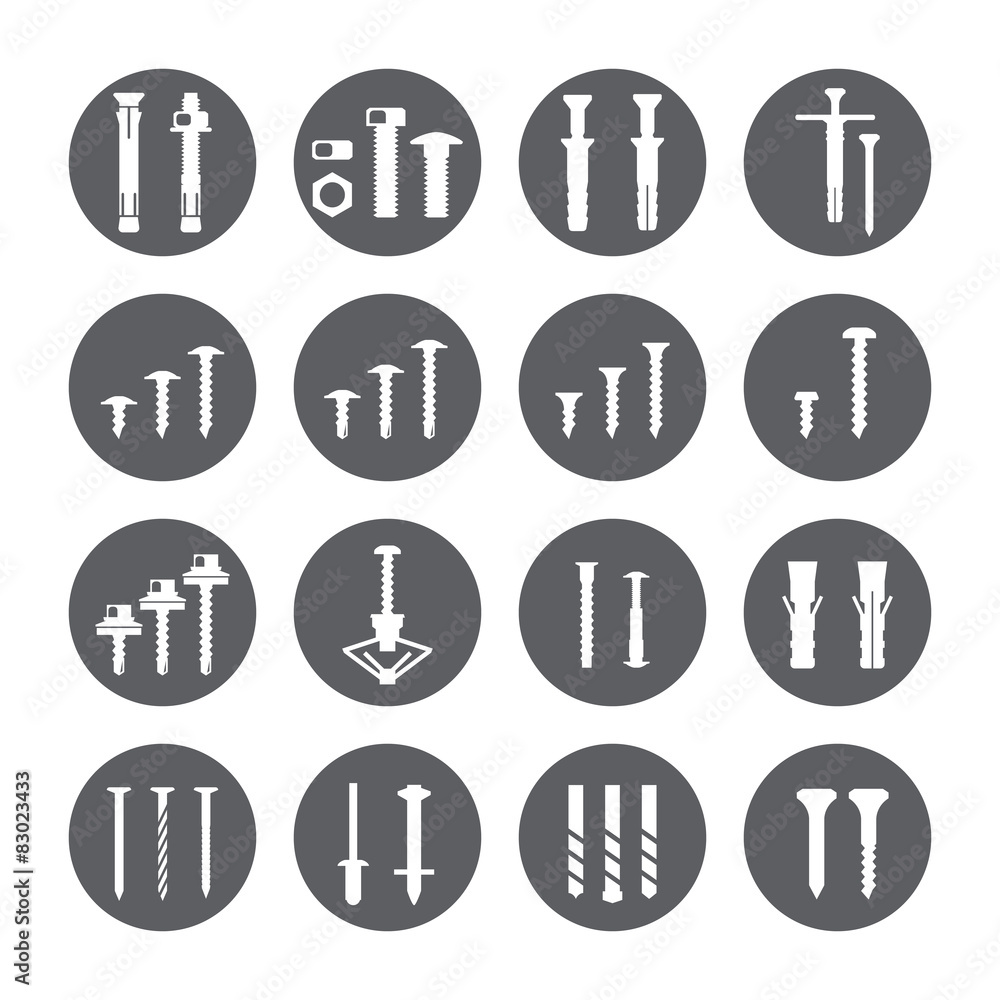 Fasteners icons set. Screws and nails. Fasteners icons set. Screws and nails.