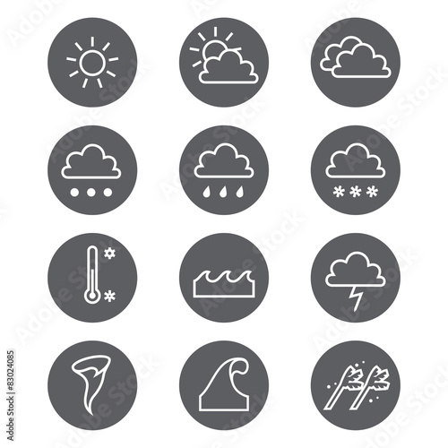 Weather linear icons set. Cloud, sun, precipitation.