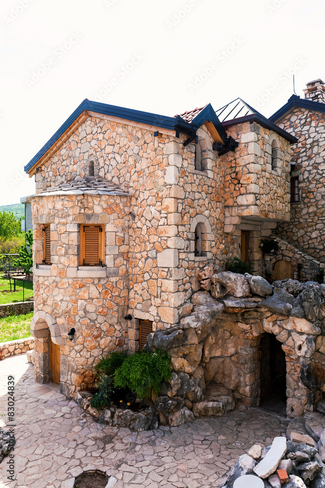 Architectural details of the stone castle in Mediterranean style