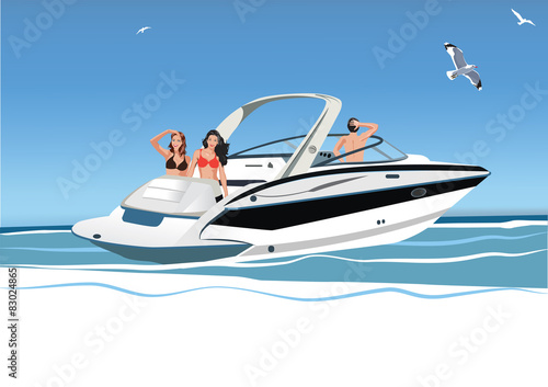 Young women and men resting on yacht, vector illustration