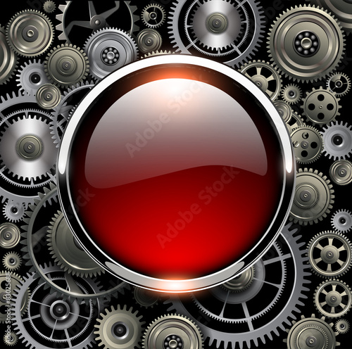 Red glossy button on gears background