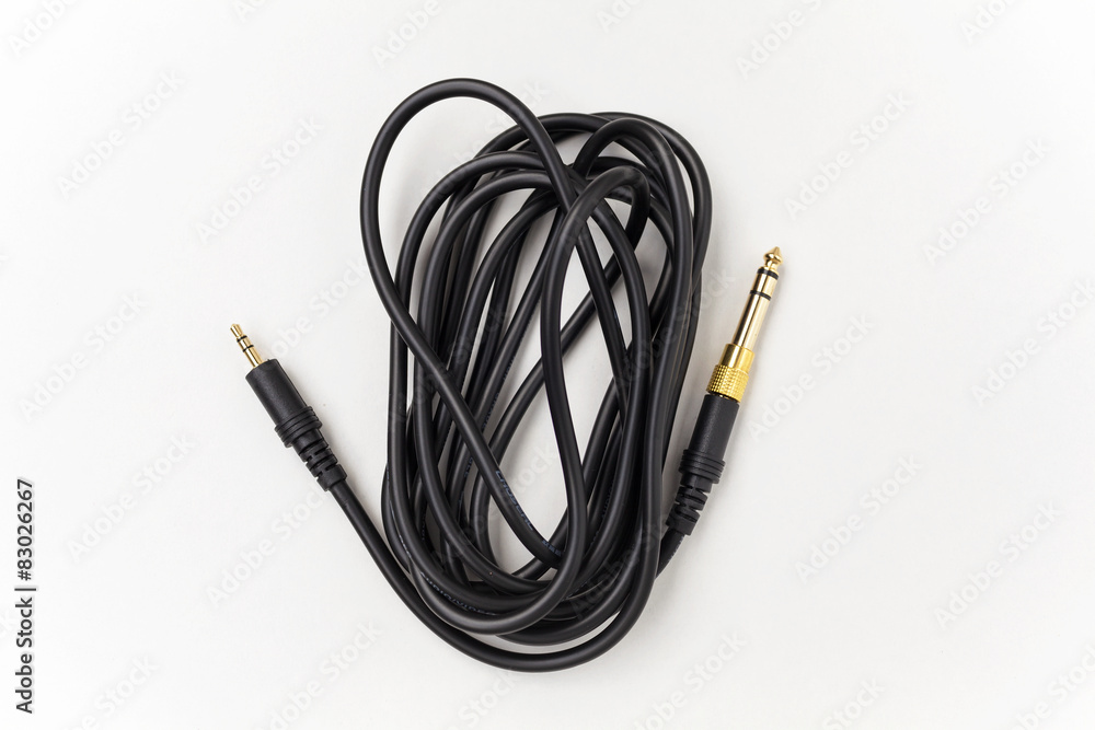 Closeup audio cable on white background center Closeup audio cable on white background center