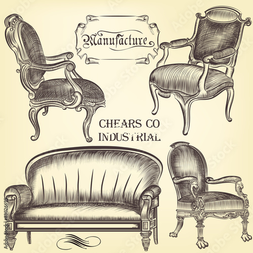 Antique set of vector hand drawn chairs  in vintage style
