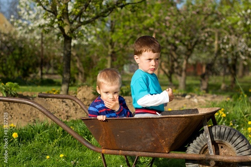 Two little boys in the garden.