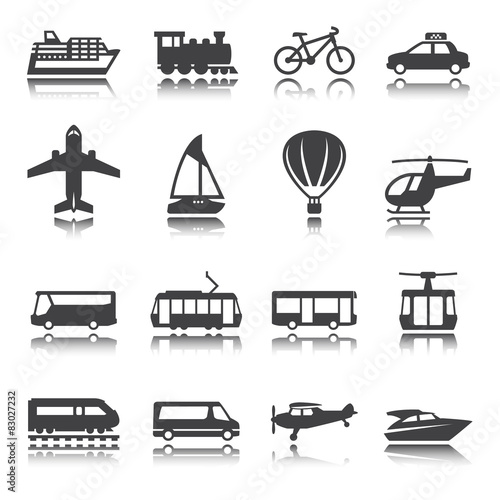 Transportation icon set. Silhouette. Shadow reflection