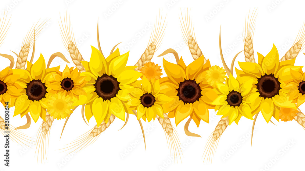 Naklejka premium Horizontal seamless background with sunflowers and ears of wheat