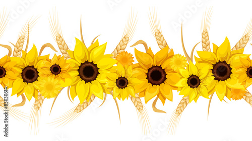 Horizontal seamless background with sunflowers and ears of wheat