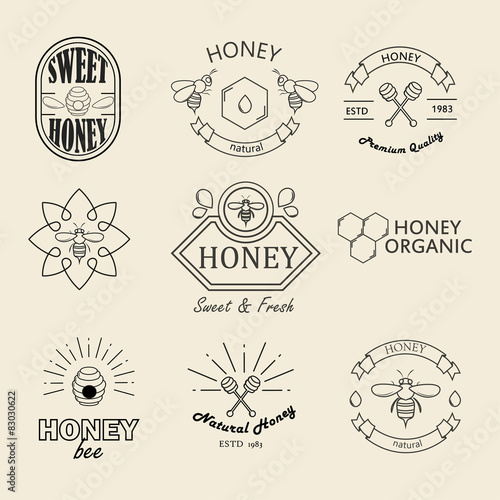 Honey logotypes, badges and labels vector set