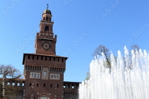 Filarete Tower of Sforza Castle with fountain in Milan