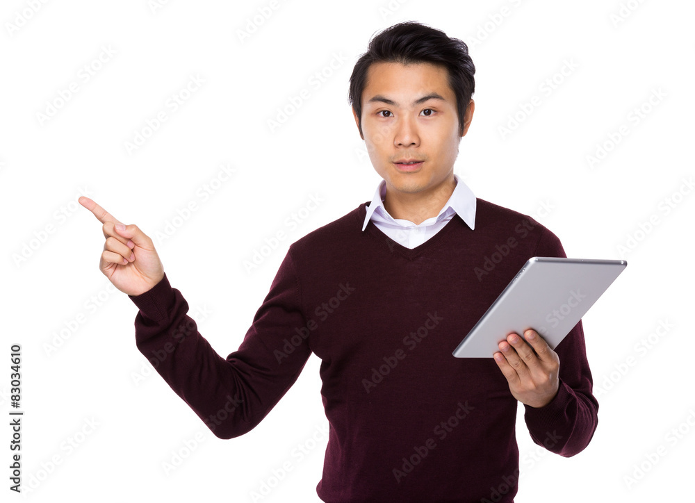 Man hold with tablet and finger pointing up Man hold with tablet and finger pointing up