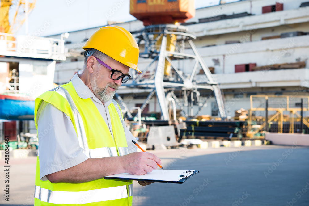 Engineer at a construction site in the port Engineer at a construction site in the port