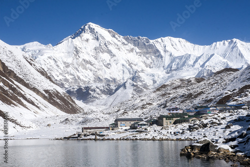 view of Cho Oyu and the village of Gokyo photo