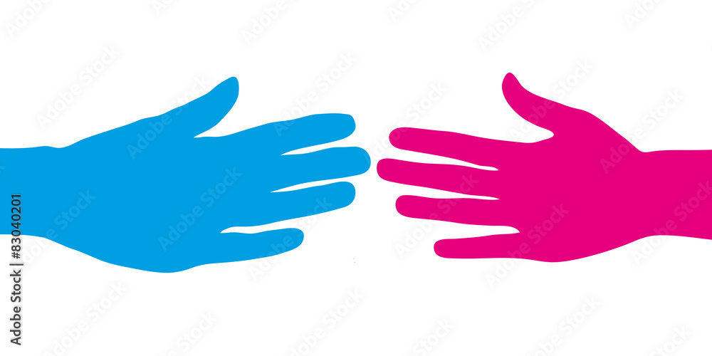 Blaue und pinke Hand beim Händeschütteln