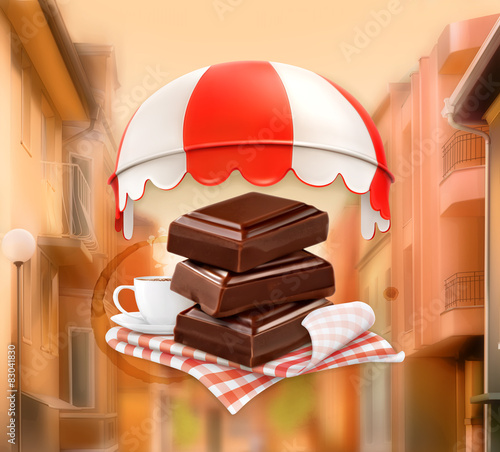 Pieces of chocolate and cup of coffee, background