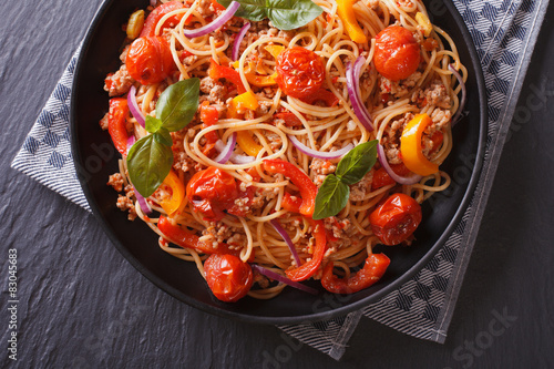 Italian pasta with vegetables closeup. Horizontal top view 