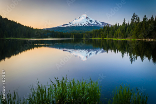 Grasses and Mount Hood reflecting in Trillium Lake at sunset, in photo