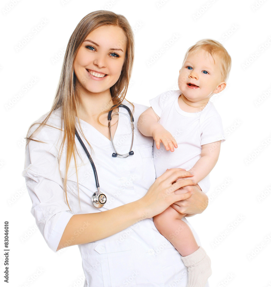 Portrait of smiling woman doctor and baby on a white background Portrait of smiling woman doctor and baby on a white background