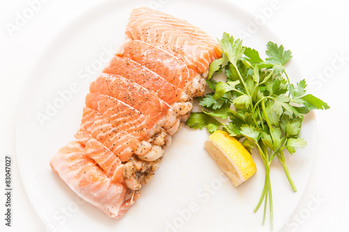 Salmon and shrimps pocket raw on white background