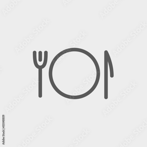 Plate, knife and fork thin line icon