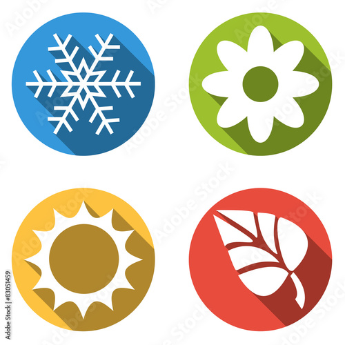 Collection of 4 isolated flat colorful buttons for 4 seasons ico
