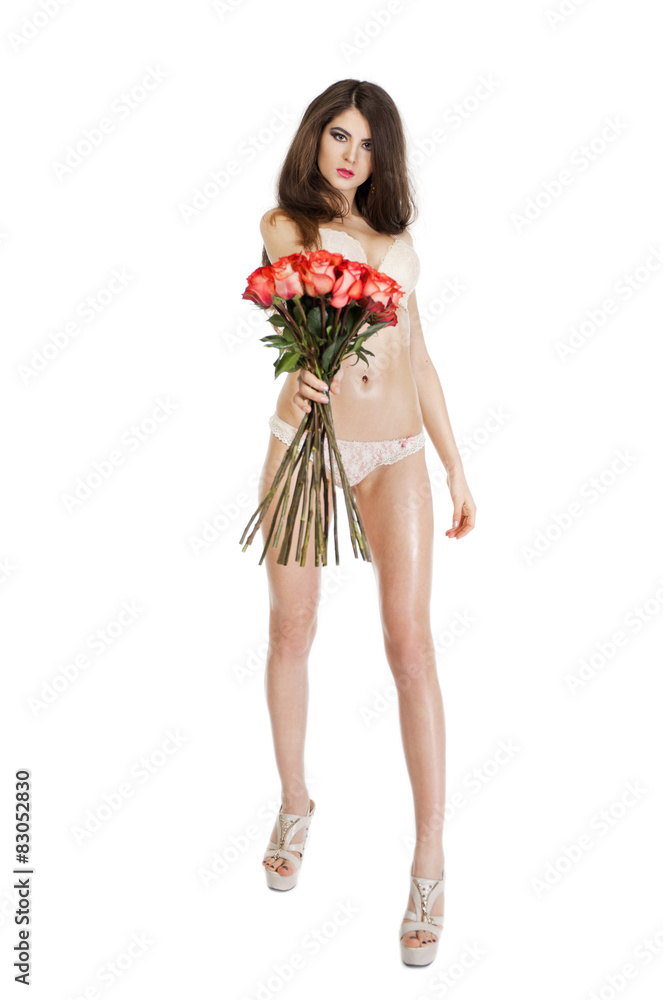 Beautiful brunette woman in sexy underwear, isolated on white Beautiful brunette woman in sexy underwear, isolated on white