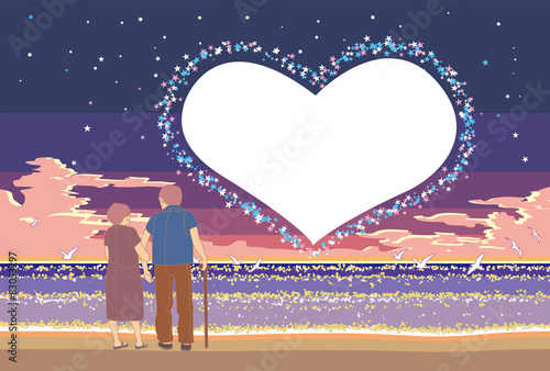 夕暮れの夏の海,ハートの星々,そして幸せな老夫婦