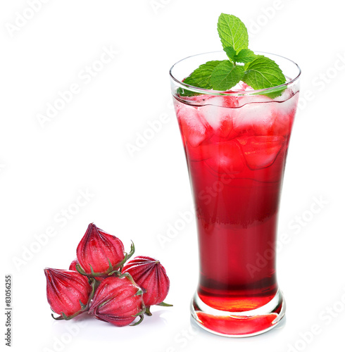 Hibiscus sabdariffa or roselle fruits and roselle juice isolated