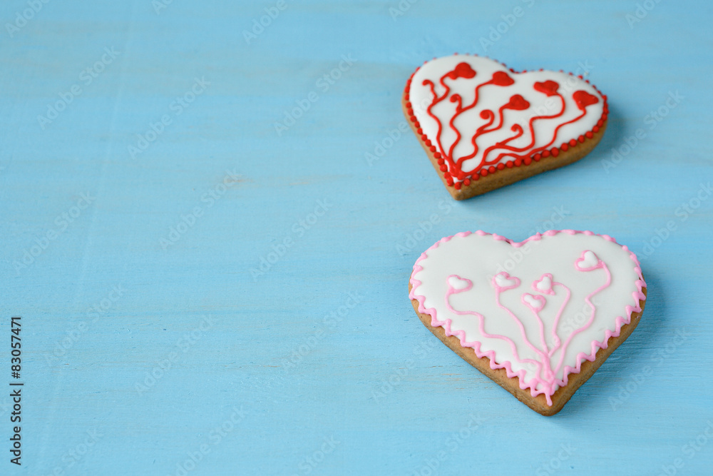 Sweet cookies in the shape of hearts on boards Sweet cookies in the shape of hearts on boards