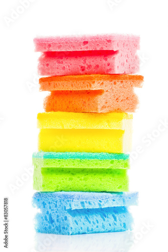 Stack of Colorful Cleaning Sponges on White Backgorund