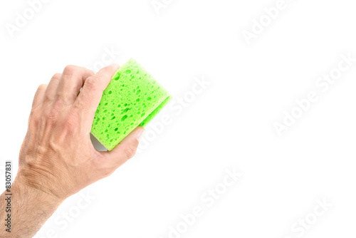 Male Hand Holding Green Cleaning Sponge on White Background