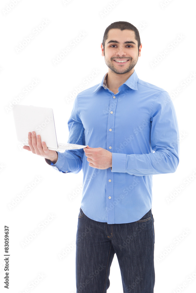 handsome arabic man with laptop isolated on white handsome arabic man with laptop isolated on white