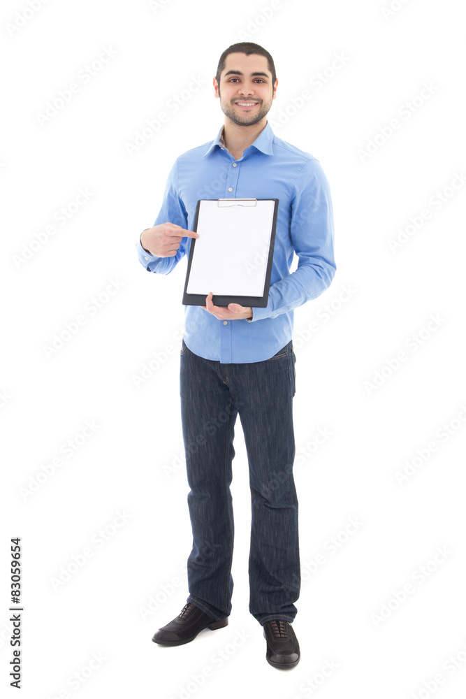 young handsome arabic man showing clipboard with copy space isol young handsome arabic man showing clipboard with copy space isol