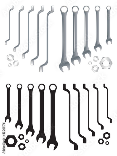 Spanners in order, vector. Set of realistic and silhouette tools