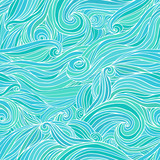Abstract hand-drawn seamless pattern with waves and clouds. 
