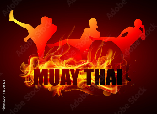 kicking thai boxing postures with muay thai fire typo photo