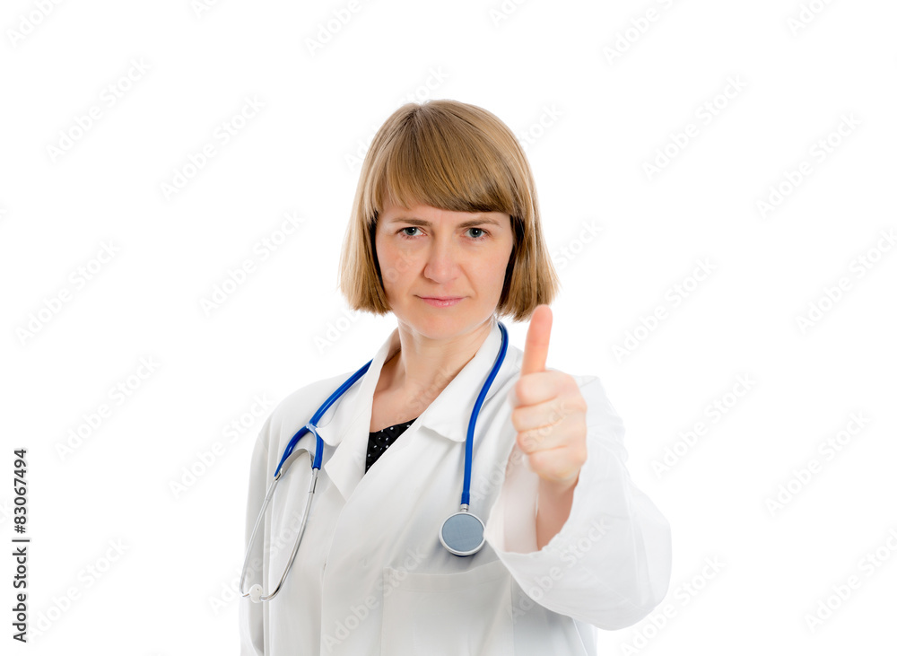 female doctor in lab coat with thumb up female doctor in lab coat with thumb up