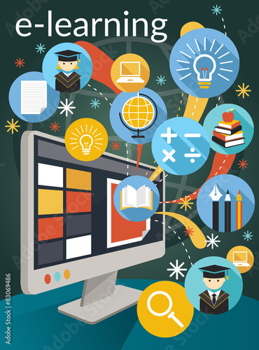 Computer Monitor with E-Learning and Education Icons
