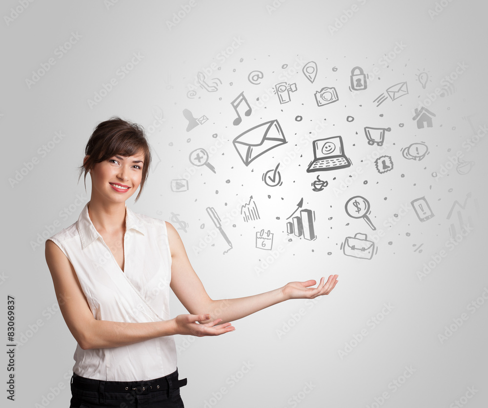 Business girl presenting hand drawn sketch graphs and charts Business girl presenting hand drawn sketch graphs and charts