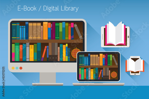 Computer and books, E-Book and Digital Library Concept