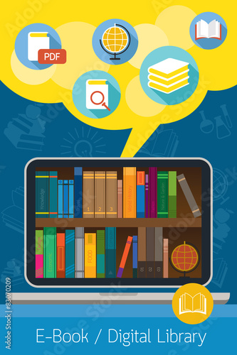 Laptop and books, E-Book and Digital Library Concept